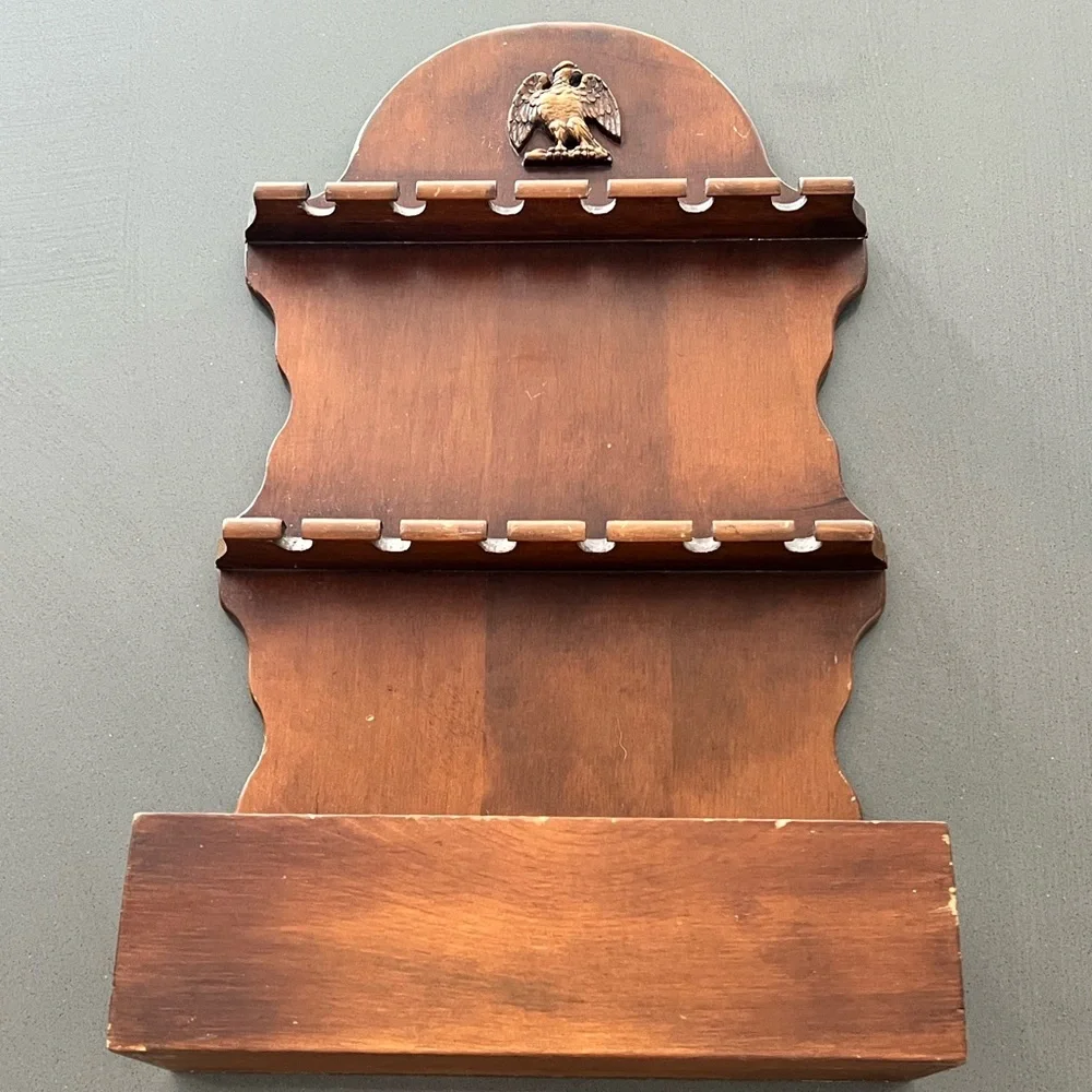 Vintage 12 Spoon Wooden Souvenir Collector Spoon Rack American Eagle Display